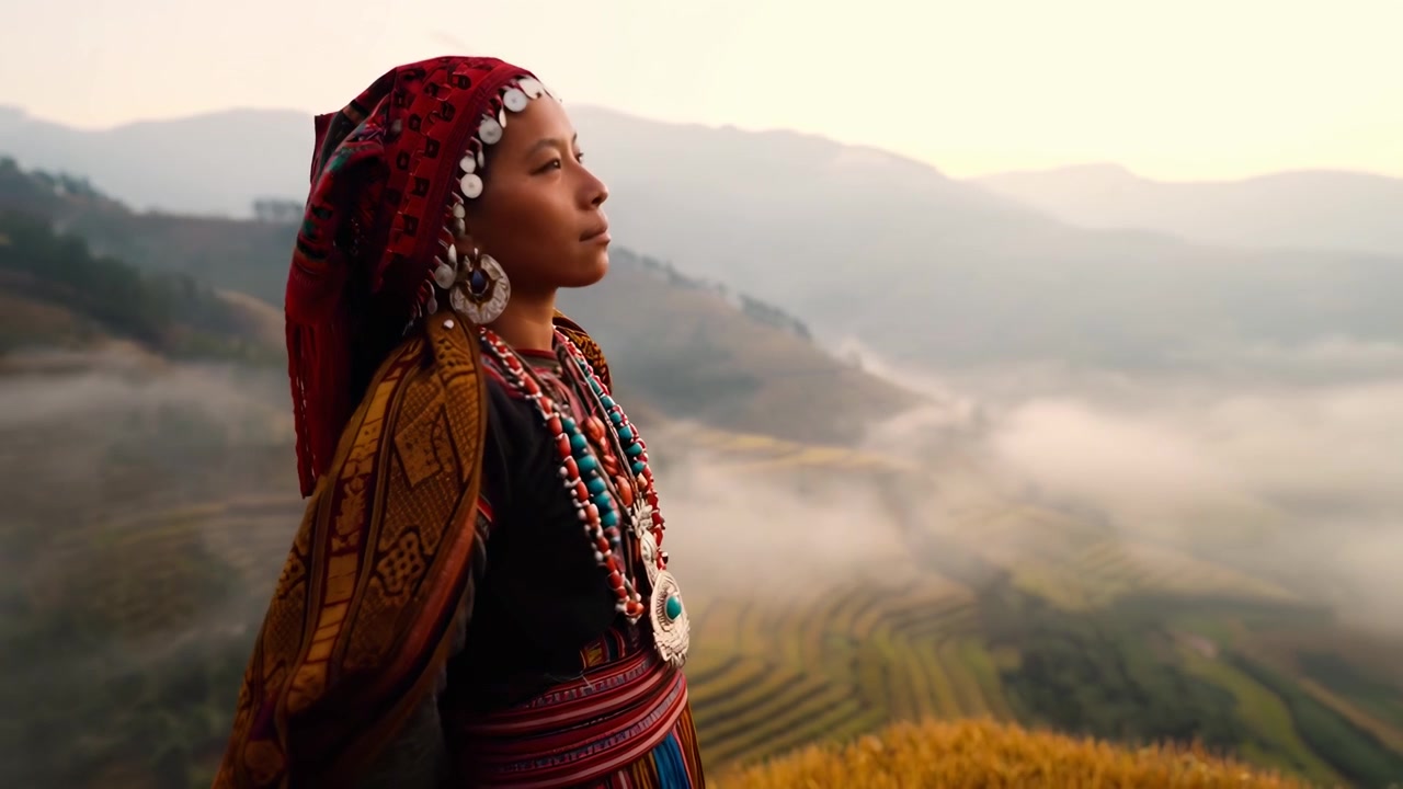 Hmong Woman in Traditional Attire Overlooking Misty Rice Terraces