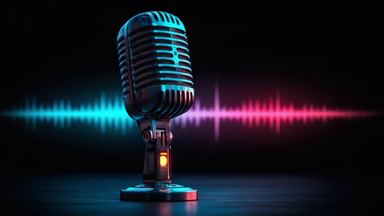 Uno splendido microfono vintage si staglia su uno sfondo dinamico di onde sonore, catturando l'essenza della musica, della registrazione e dell'espressione uditiva