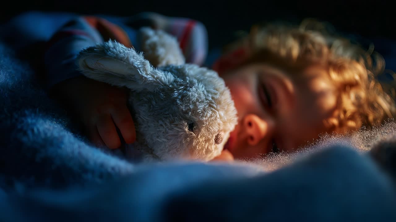 Et fredfyldt øjeblik, der viser et sovende barn, der putter med en blød, fluffy legetøjskanin, omgivet af hyggelige tæpper i et svagt oplyst rum, og som indfanger essensen af barndommens komfort og fred.