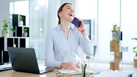 Phone-call,-happy-and-laptop-with-woman-in-office
