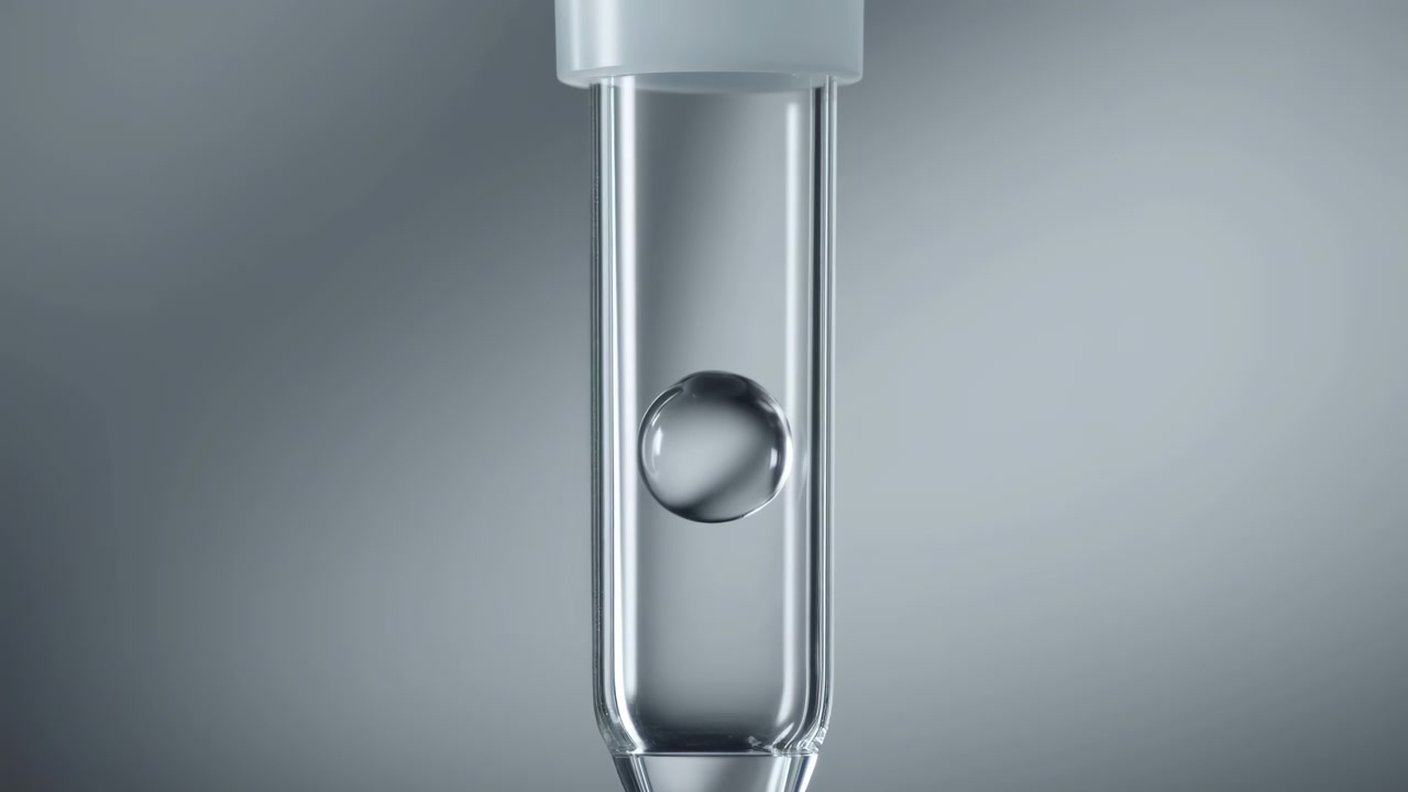 Escena en movimiento en primer plano de una esfera opaca brillante ascendiendo y asentándose dentro de un tubo de ensayo de vidrio vertical de paredes delgadas, suspendida sobre un fondo degradado gris frío suave con iluminación de estudio.