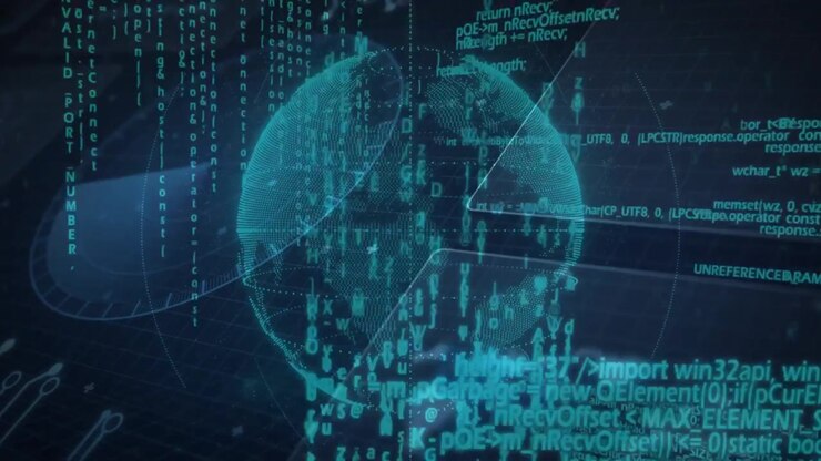 On boot holographic dotted globe rotating while panels sliding and code rising to show data