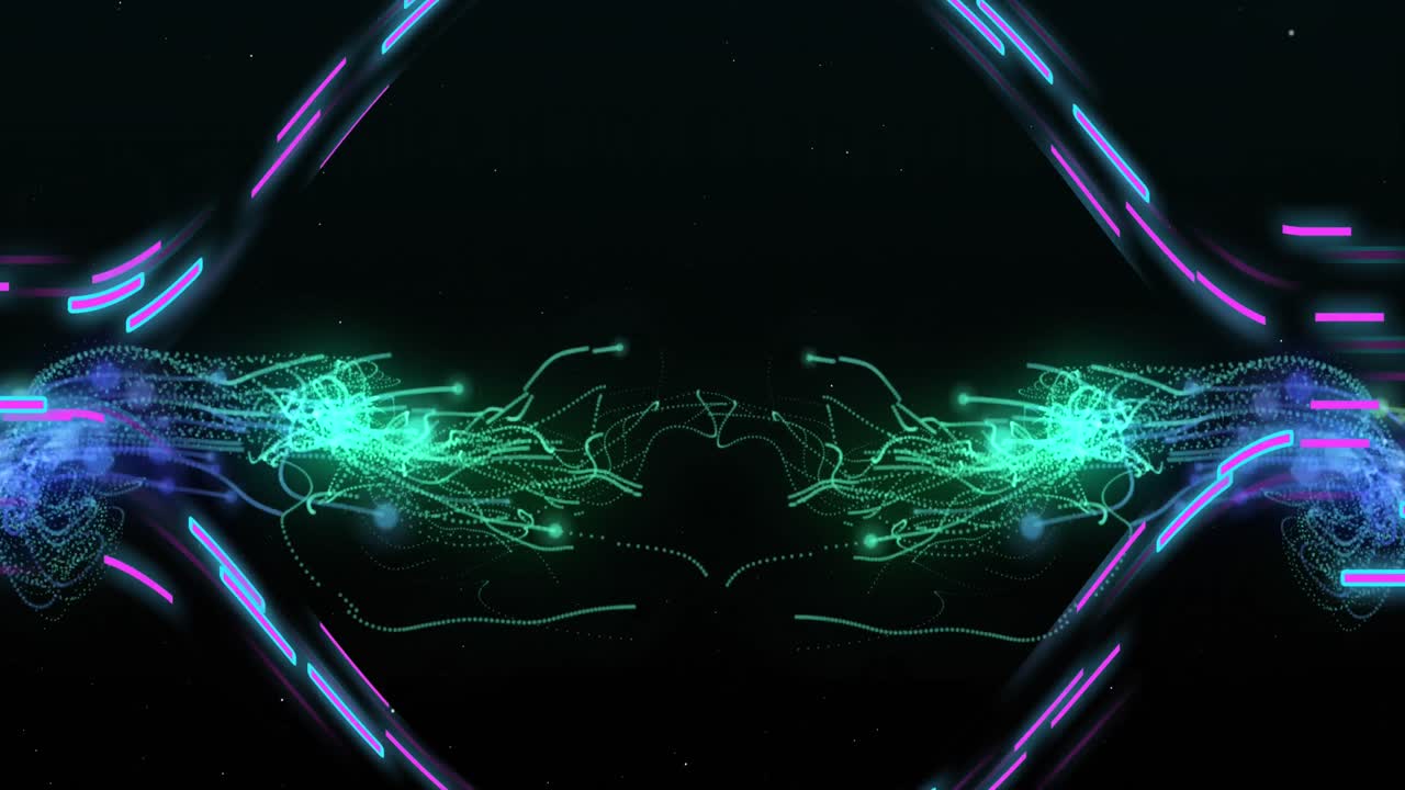 Animation of glowing light trails of data transfer moving on black background