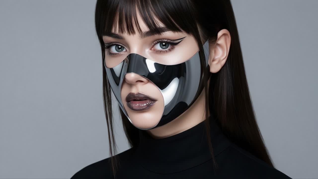 Exploring the Intersection of Fashion and Futurism: A Model Showcases a Striking Metallic Facial Mask, Merging Artistry and Innovative Design in a Captivating Portrait