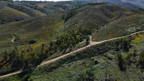 Drone-view-orbiting-around-a-group-of-people-walking-in-beautiful-green-mountains-on-a-sunny-day