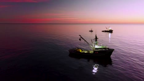 Antena-De-Pescadores-De-Calamar-Con-Barcos-De-Pesca-Iluminados-Por-Focos-Brillantes-Frente-A-La-Costa-De-Malibu,-California-4