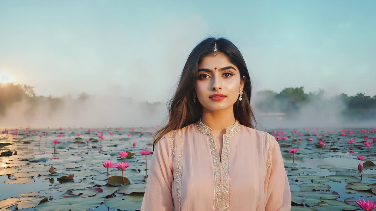 Young woman wearing traditional clothing is posing in a misty lake full of pink lotus flowers during a beautiful sunrise, creating a serene and captivating scene