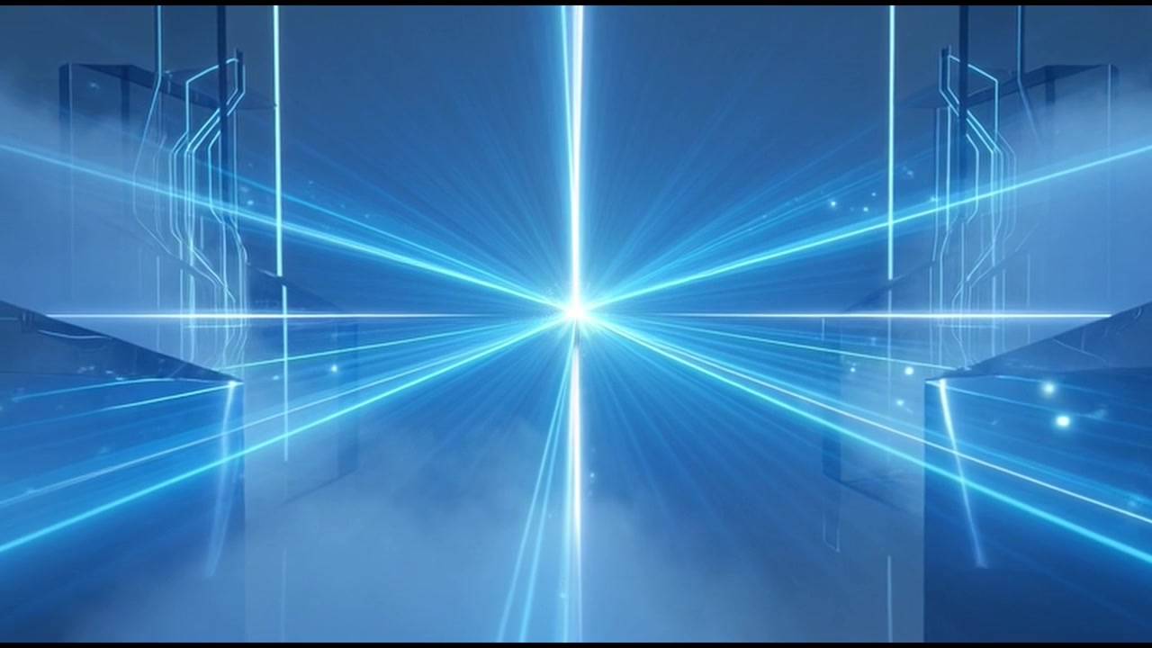 Abstract Digital Tunnel with Glowing Blue Light Beams and Particles