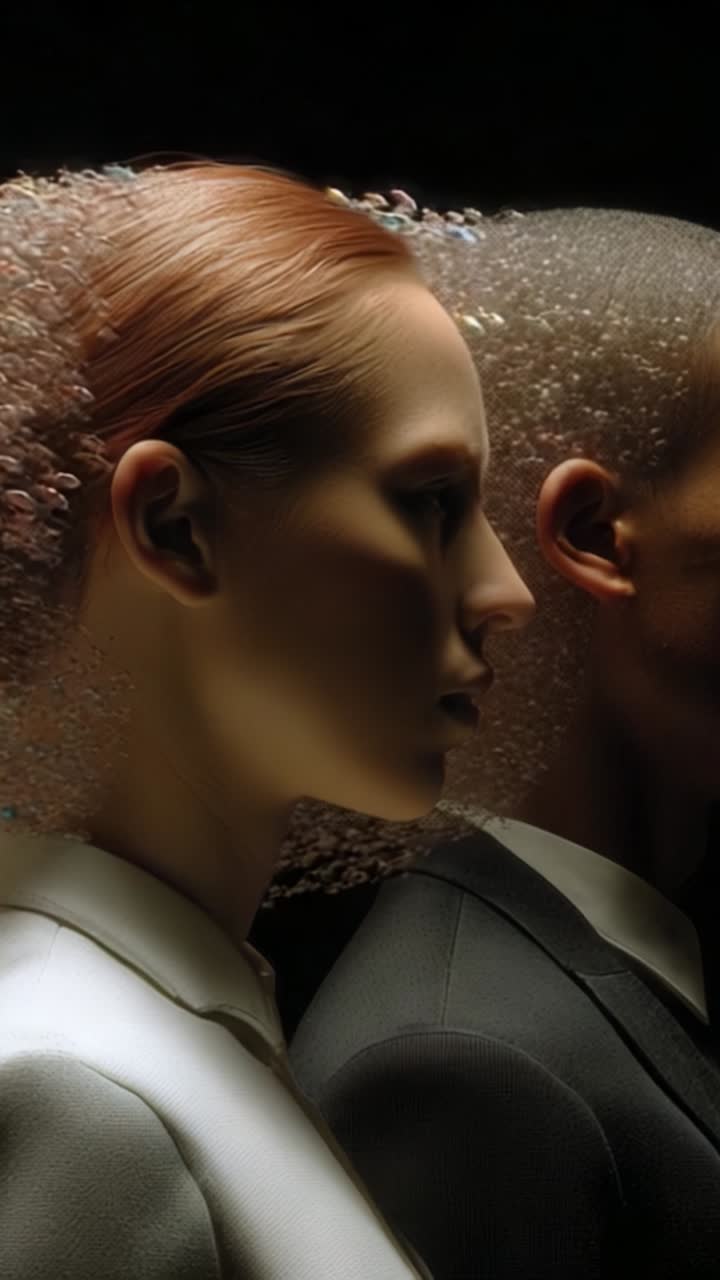 Een visueel opvallende weergave van dualiteit en transformatie, met twee figuren in profiel met etherische elementen die uit hun hoofden komen in een dramatische setting.