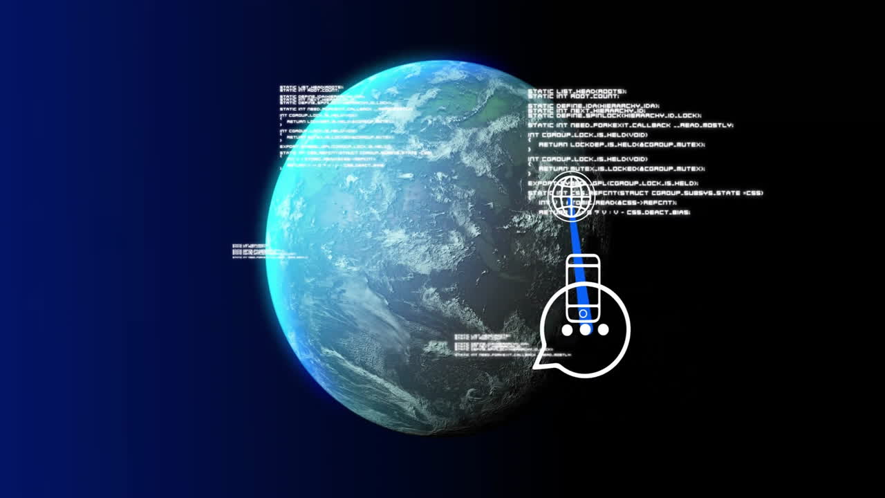 Animation of data processing over globe with icons on black background