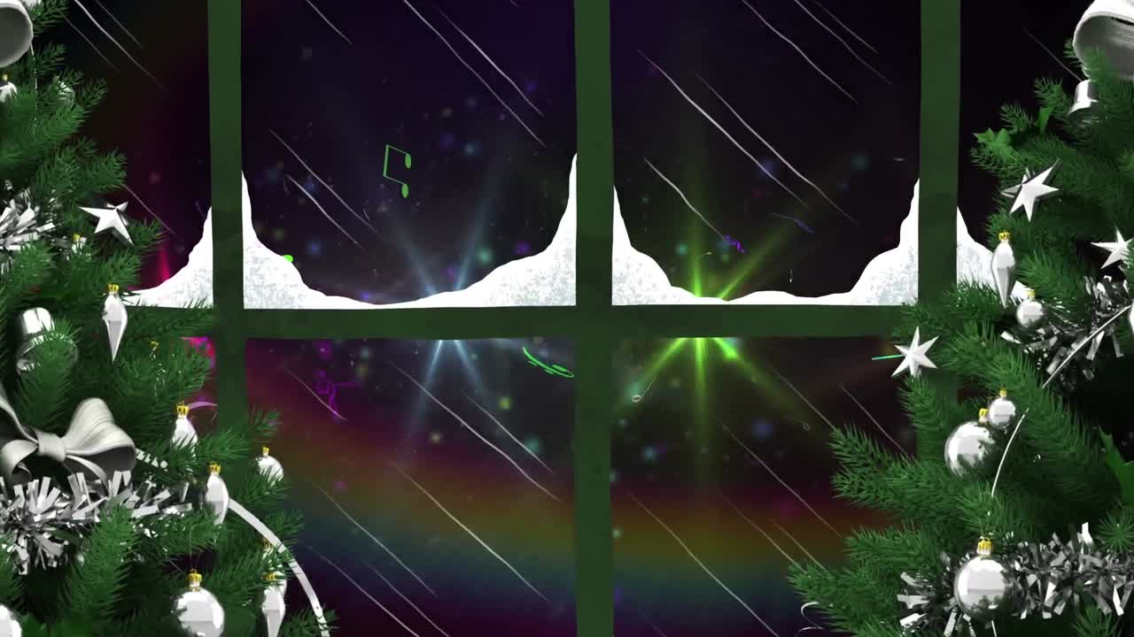 Two christmas trees and window frame against colorful spots of light on black background