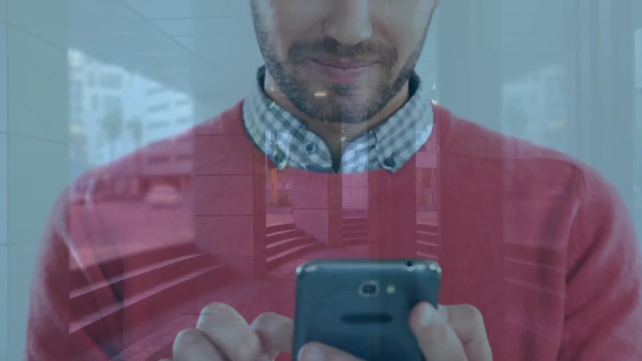 도시 풍경 위에서 스마트폰을 사용하는 사람의 애니메이션