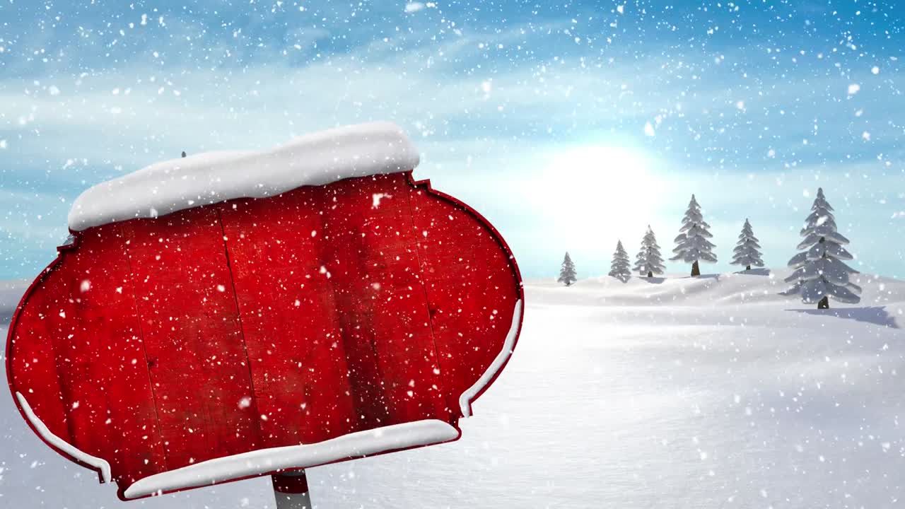 겨울 풍경에  ⁇ 은 나무 표지판 위에 내리는 눈의 디지털 애니메이션