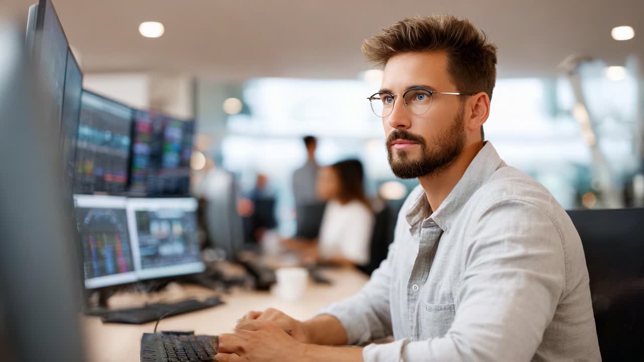 Focused Young Professional Analyzing Data at Modern Workspace with Computer Screens Displaying Financial Graphs and Charts in Bright Office Environment