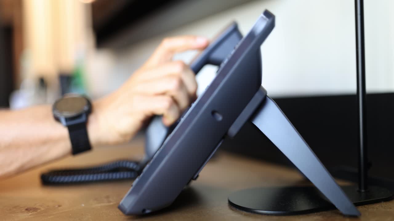 A person picking up a desk phone