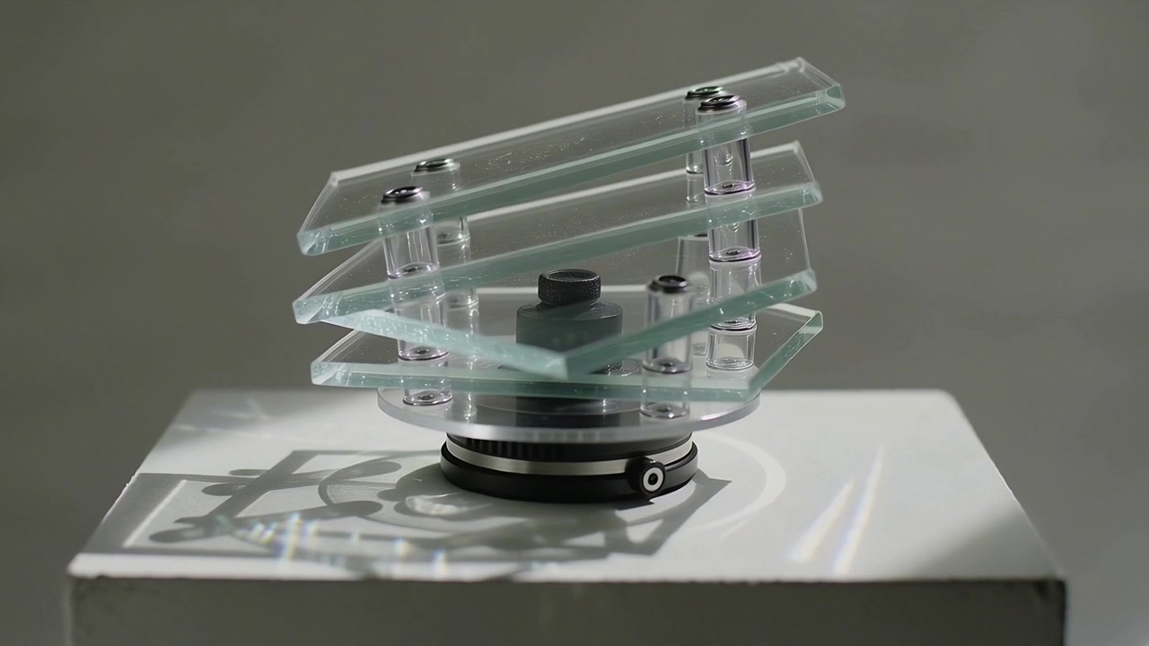 Rotating glass plates driven by motor on white pedestal, shifting edges and exposing spacers