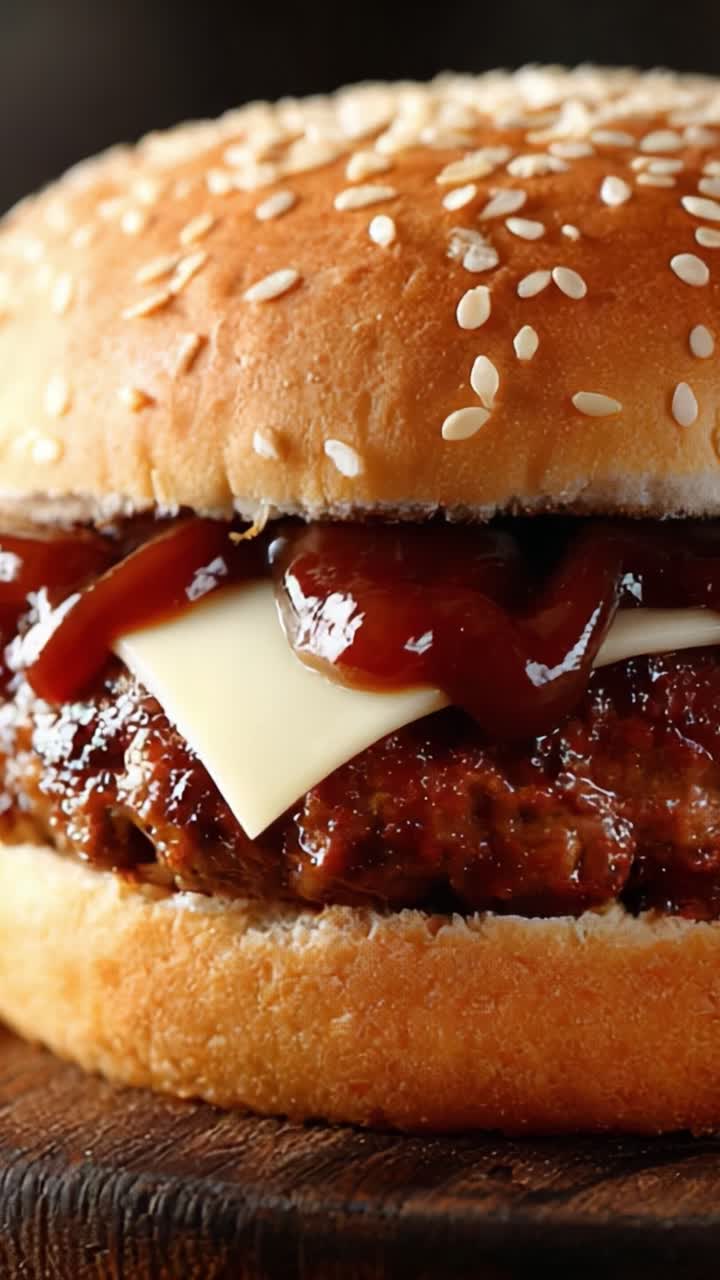 Hamburger gourmet da far venire l'acquolina in bocca: succulenta polpetta di manzo condita con formaggio fuso e ketchup ricco, il tutto racchiuso in un panino tostato con semi di sesamo
