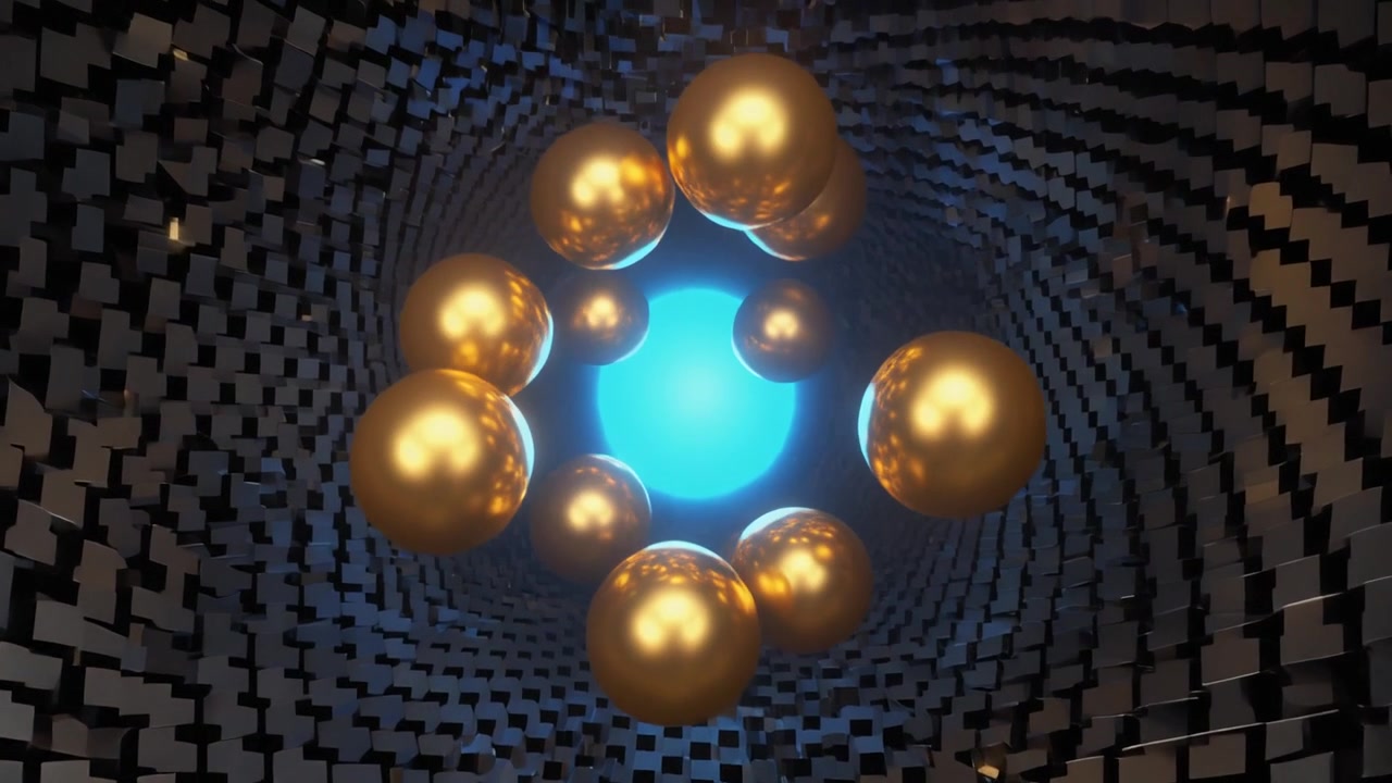 Animação 3D Abstrata de Esferas Douradas Flutuando em um Túnel Geométrico Escuro