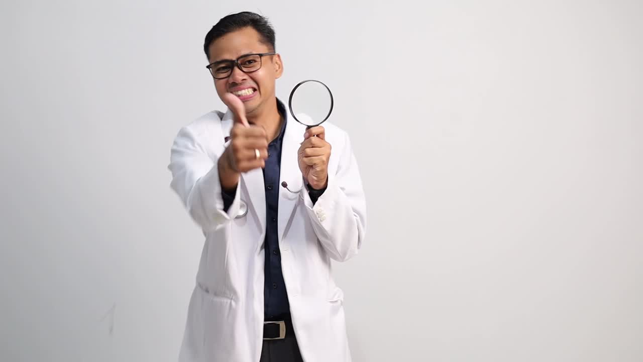 Surprised Asian male doctor wearing glasses, holding a magnifying glass, find something good while showing thumbs up