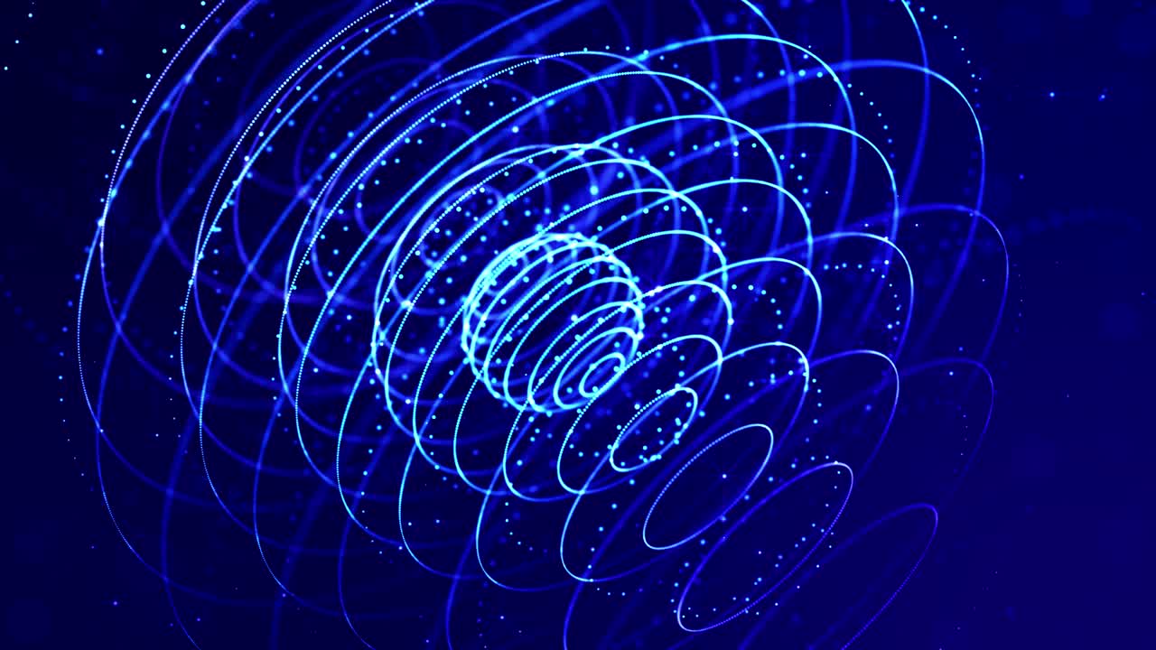 Glow blue particles form lines, surfaces, complex round structures in smooth motion like in microworld or space. 4k looped sci-fi particle background with bokeh and light effects.