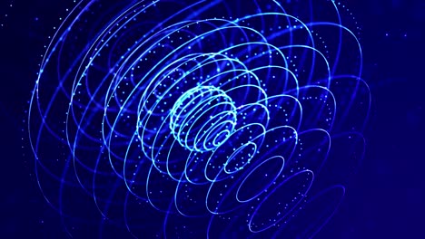 glow blue particles form lines, surfaces, complex round structures in smooth motion like in microworld or space. 4k looped sci-fi particle background with bokeh and light effects.