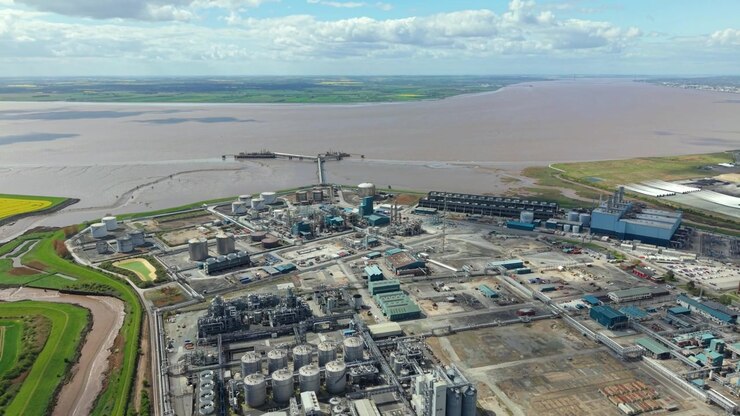 Chemical Park and Industrial Refinery on Humber Estuary Drone Wide View
