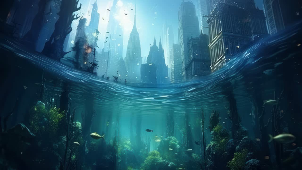 Ein surreales Unterwasser-Stadtbild-Videokonzept mit Weitwinkelansicht, das Versunkenes zeigt