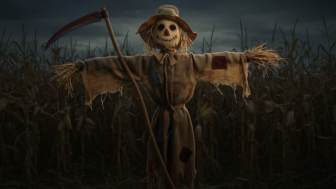 A Spooky Scarecrow Stands Guard Amidst a Dark Cornfield, Featuring a Smiling Face That Lures In Curious Passersby on an Eerie Night Under the Cloudy Sky