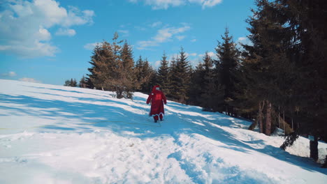 Santa-walks-down-a-snowy-path,-to-the-forest-in-front-of-him