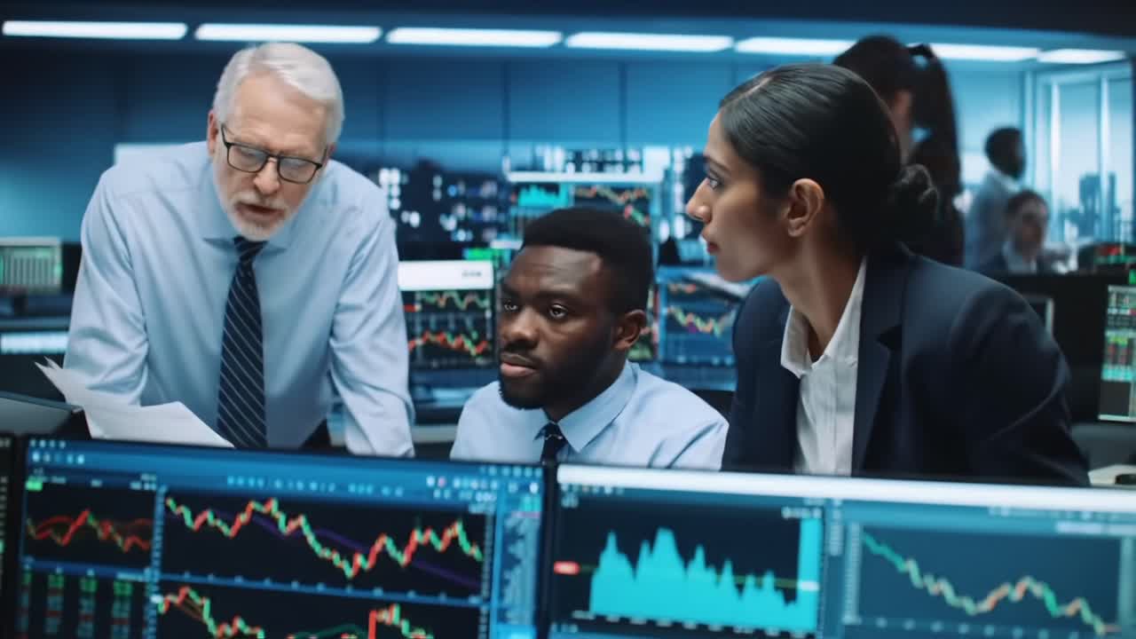 A Team Analyzing Financial Data in a Modern Trading Environment: Experts Collaborate to Interpret Market Trends and Make Strategic Decisions