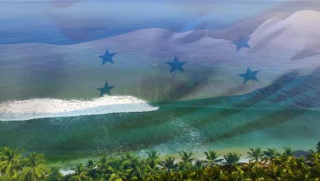 animation of flag of honduras blowing over okay hands on beach landscape