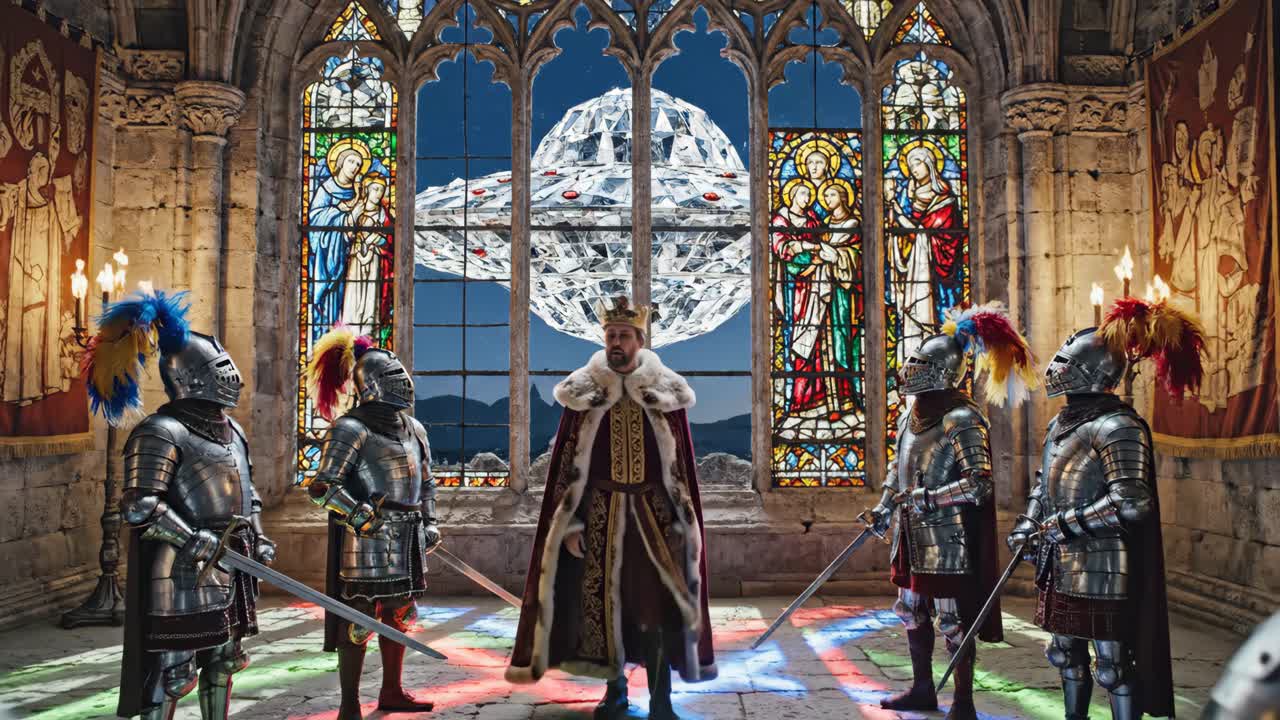 King with guards in palace