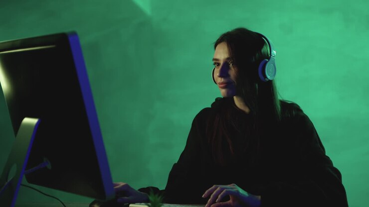 Glückliche Frau arbeitet am Computer mit kabellosen Kopfhörern auf farbigem Hintergrund.