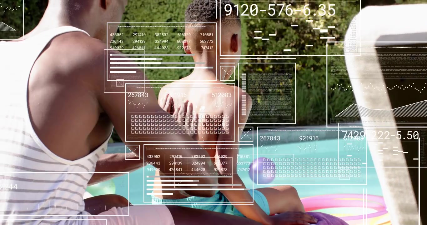Father opening sunscreen cap and applying lotion onto son's back at poolside for skin health
