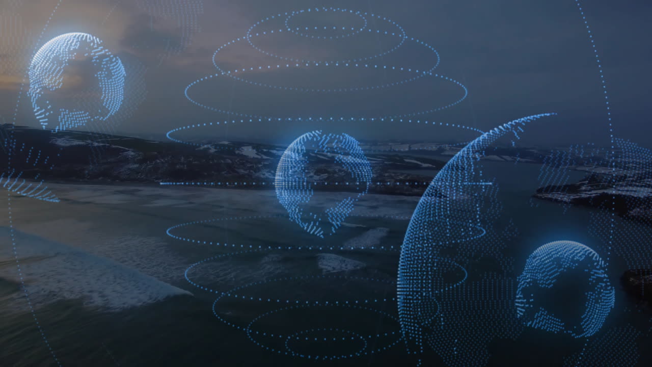 Holographic data globe floating over dark coastal landscape, displaying glowing blue rings and dots