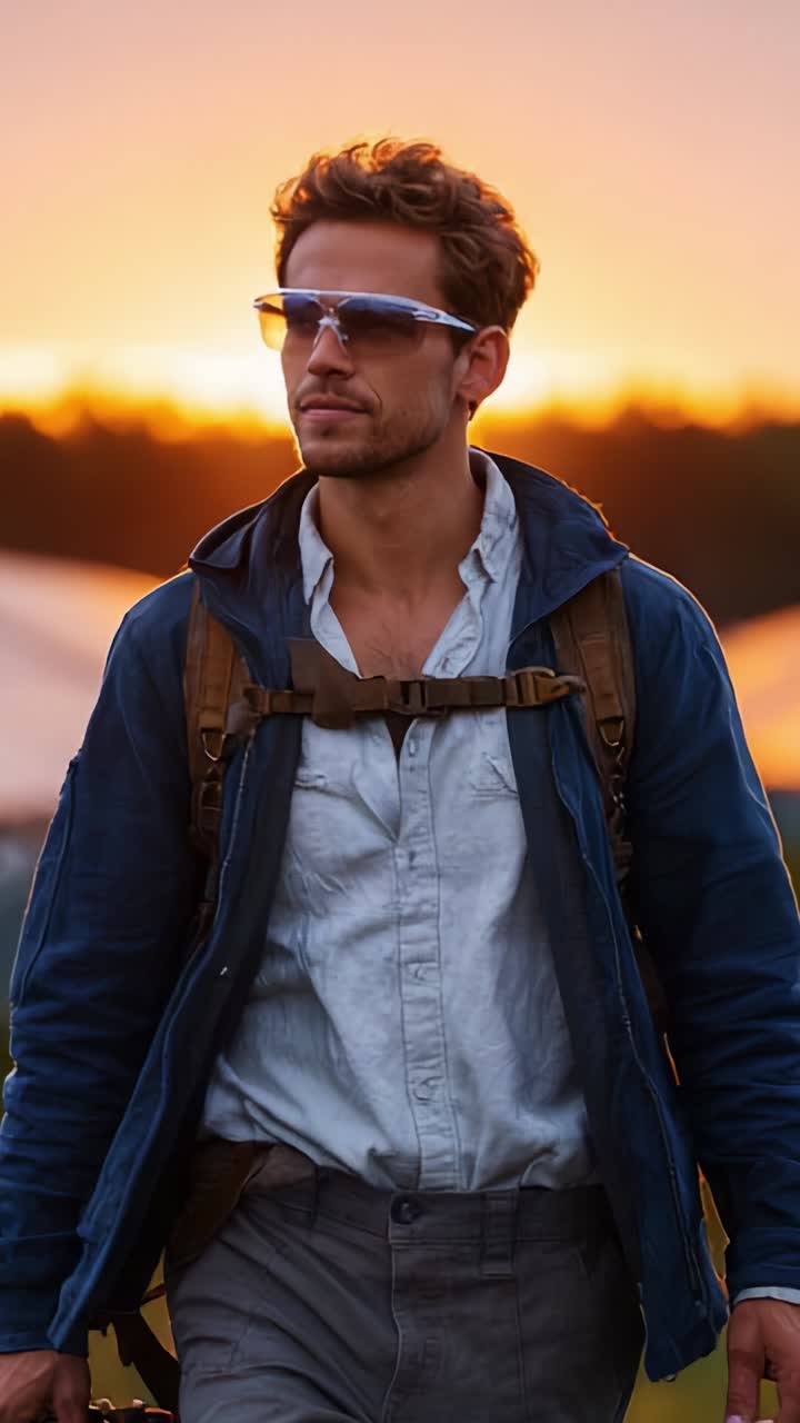 Un hombre camina con seguridad hacia la puesta de sol, con gafas de sol y una chaqueta azul, personificando la aventura y la exploración en un paisaje pintoresco.