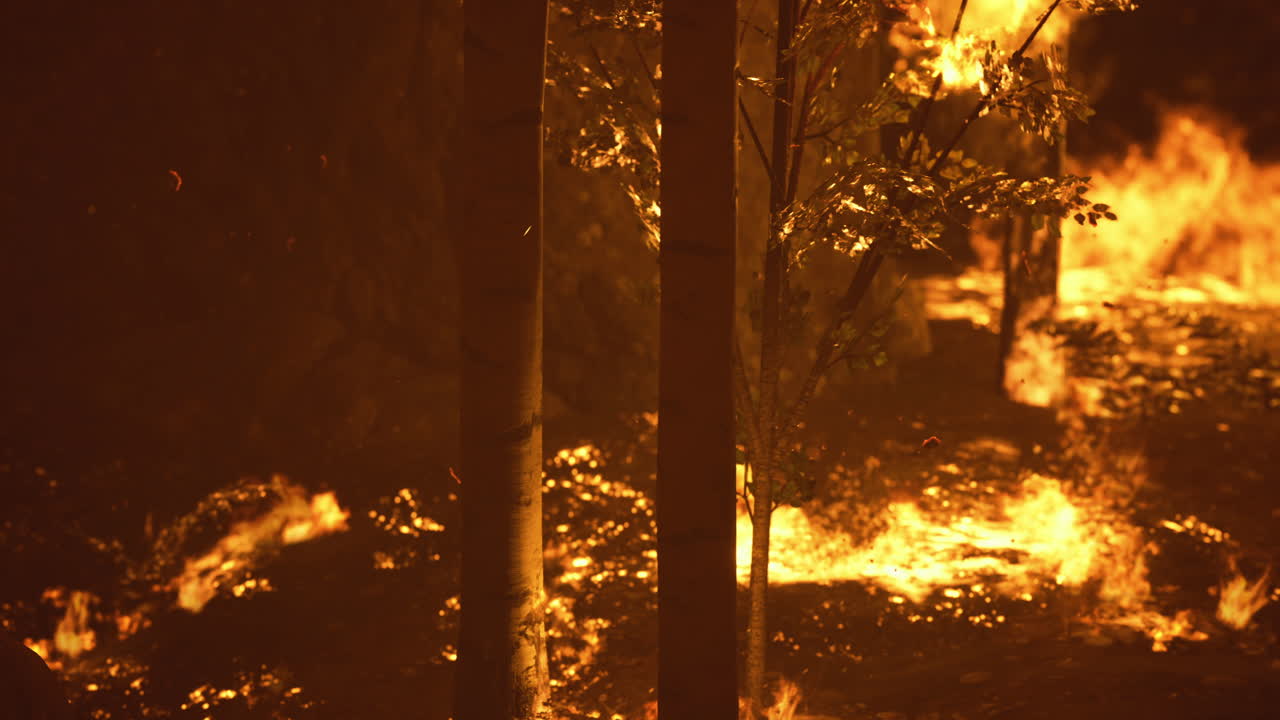 Wildfire spreads rapidly through a dense forest during a dry evening