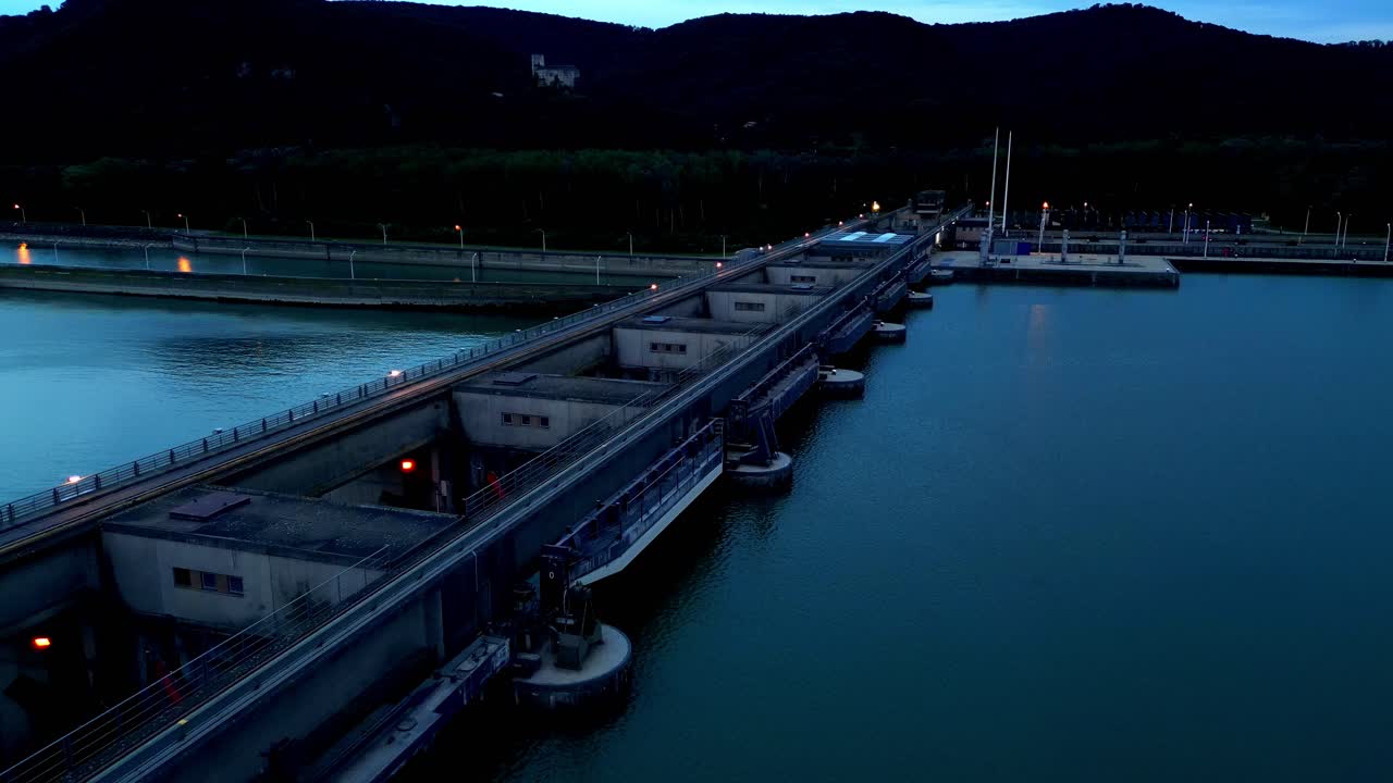 Flying Over The Largest Dam Of The Iron Gate I Hydroelectric Power Station Over Danube In Romania