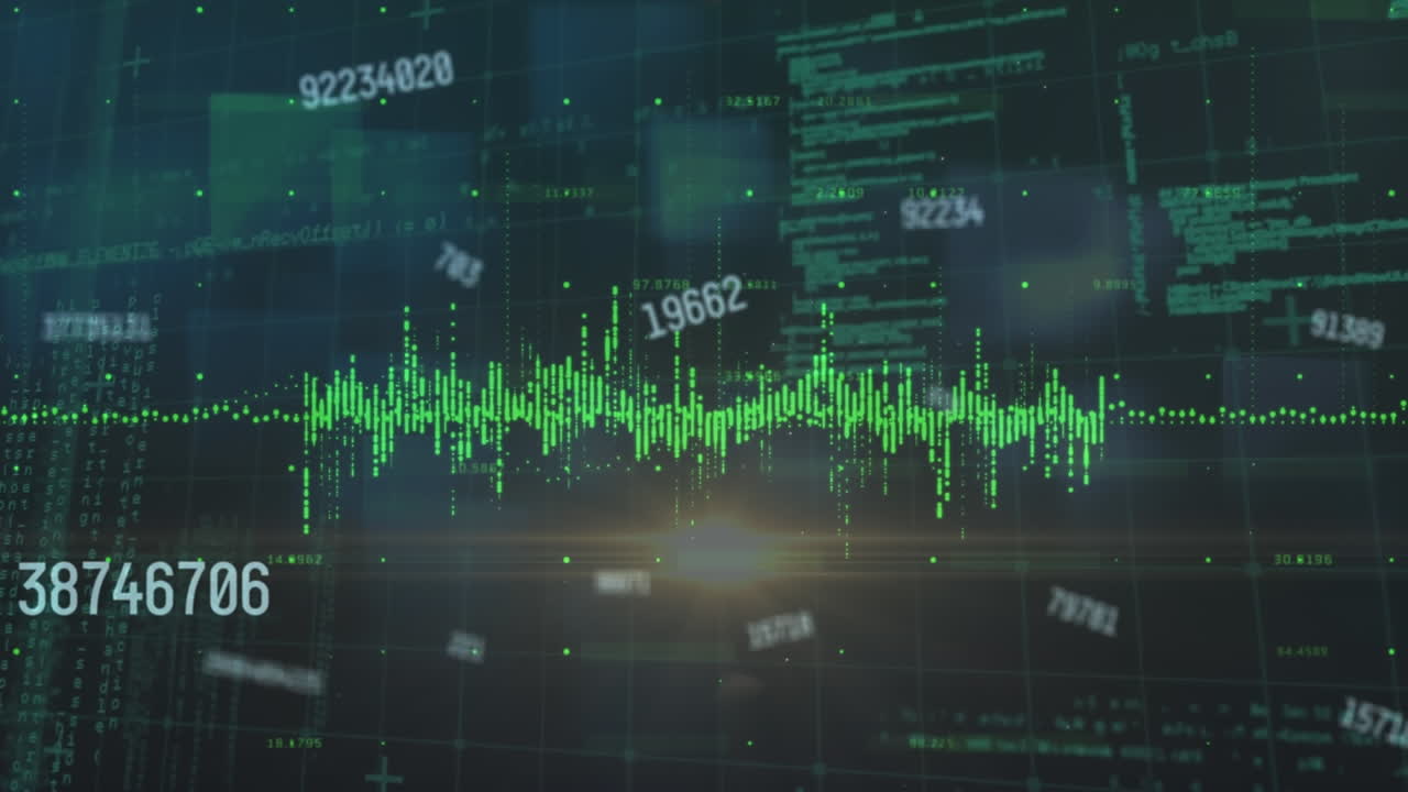Animation of numbers, statistics with financial data processing over blue background