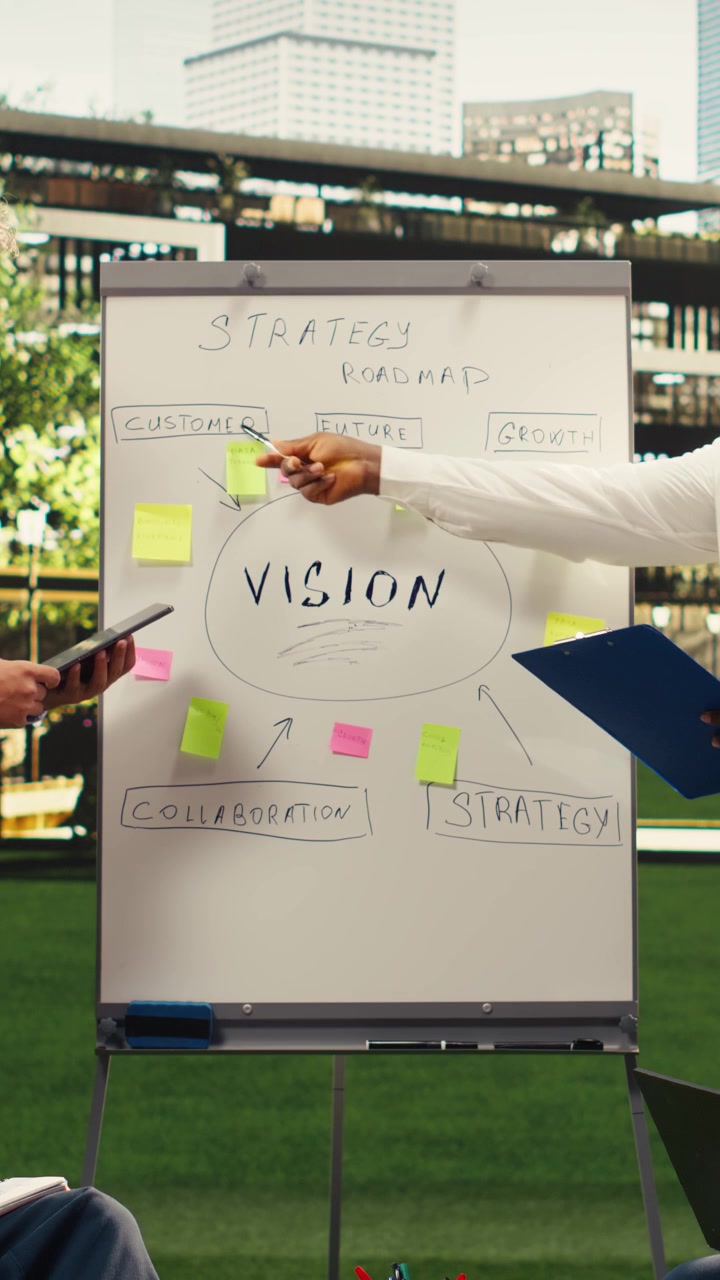 Vertical Video Diverse business people explaining vision implementation with sticky notes