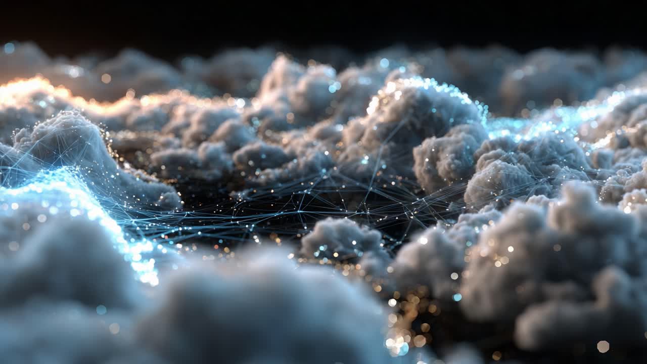 En fantastisk visualisering av abstrakta digitala moln som är upplysta med glödande partiklar och sammanlänkande trådar, vilket representerar en fusion av verklighet och teknologi