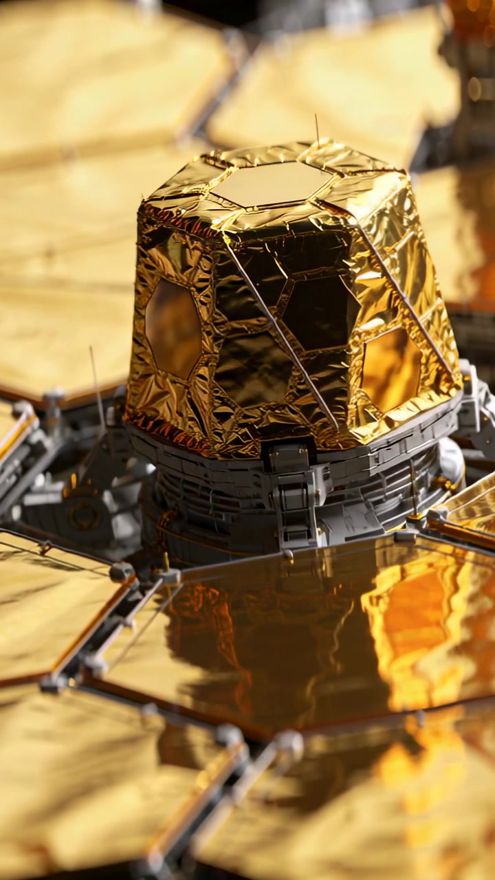 Telecamera che si avvicina, modulo in lamina d'oro che rivela i fissaggi dei binari, pannelli che si spostano per una dimostrazione aerospaziale.