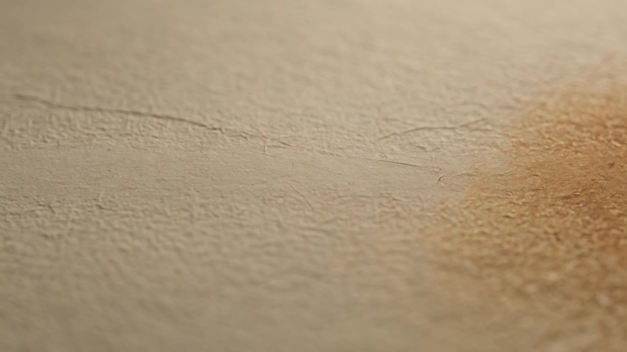 Regolazione della messa a fuoco della fotocamera che rivela carta beige testurizzata in macro, con una piccola macchia marrone a destra e spazio per il testo.