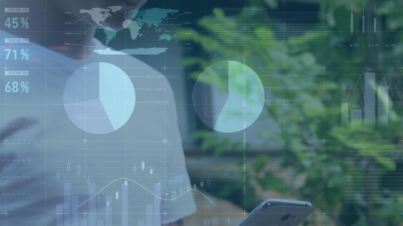 animación de procesamiento de datos estadísticos contra un niño caucásico usando un teléfono inteligente en el jardín