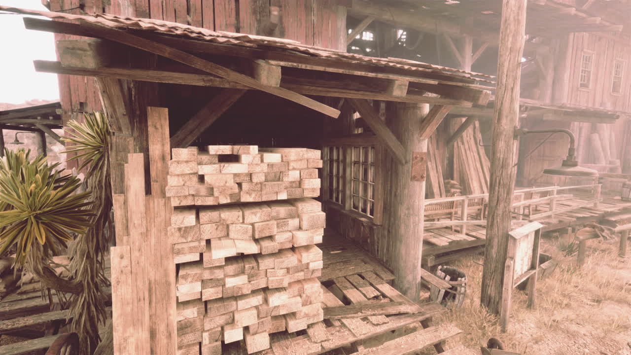 un edificio de madera rústico, probablemente un molino de madera, con pilas de madera en primer plano.