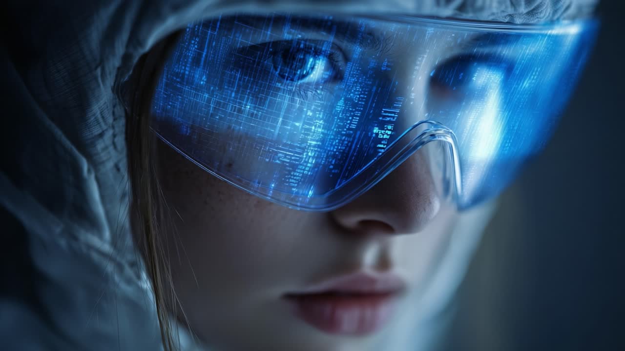 A close-up view of a young woman wearing futuristic protective eyewear, featuring illuminated digital displays reflecting on her glasses, showcasing advanced technology and innovation
