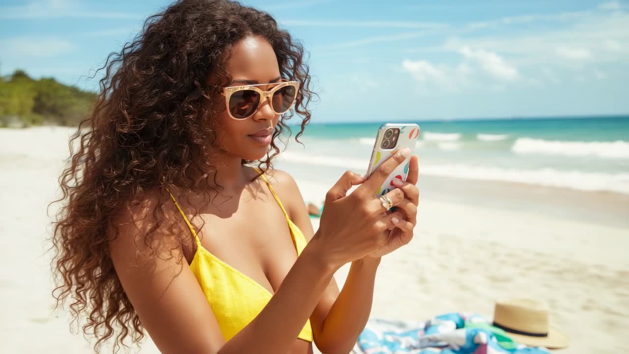 Zooming out woman wearing bikini top and sunglasses tapping smartphone at water's edge, with towel