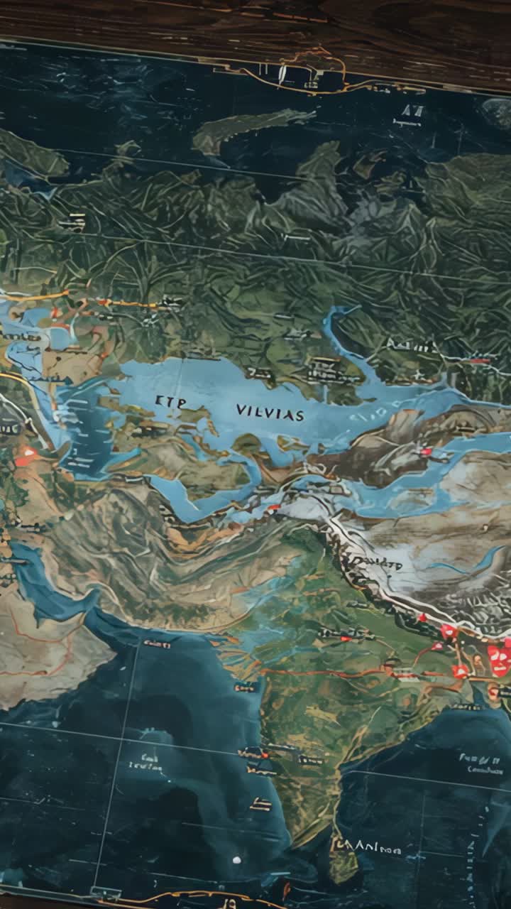 Vertical video: Starting camera on wall mounted map EFP VILVIAS, tilting showing Middle East, India