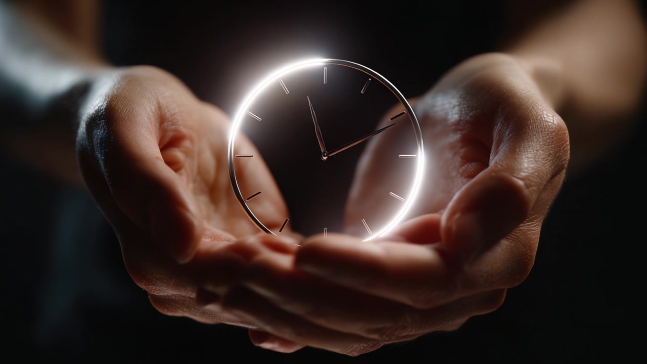 Manos Sosteniendo Cuidadosamente un Reloj, Enfatizando el Paso del Tiempo con un Aura Resplandeciente y una Superficie Reflectante sobre un Fondo Oscuro