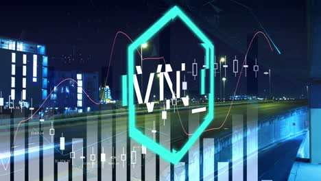 animación de texto nft sobre procesamiento de datos financieros y paisaje urbano
